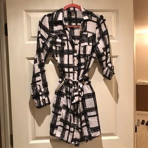 Black and white plaid tie waist button up dress